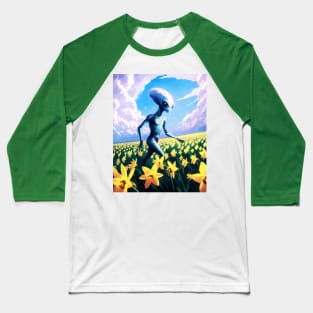 Alien walking through a vast field of yellow daffodils 4 Baseball T-Shirt